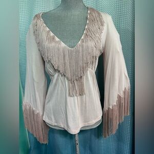 Boston Proper Fringe V-Neck Blouse - Light Pink